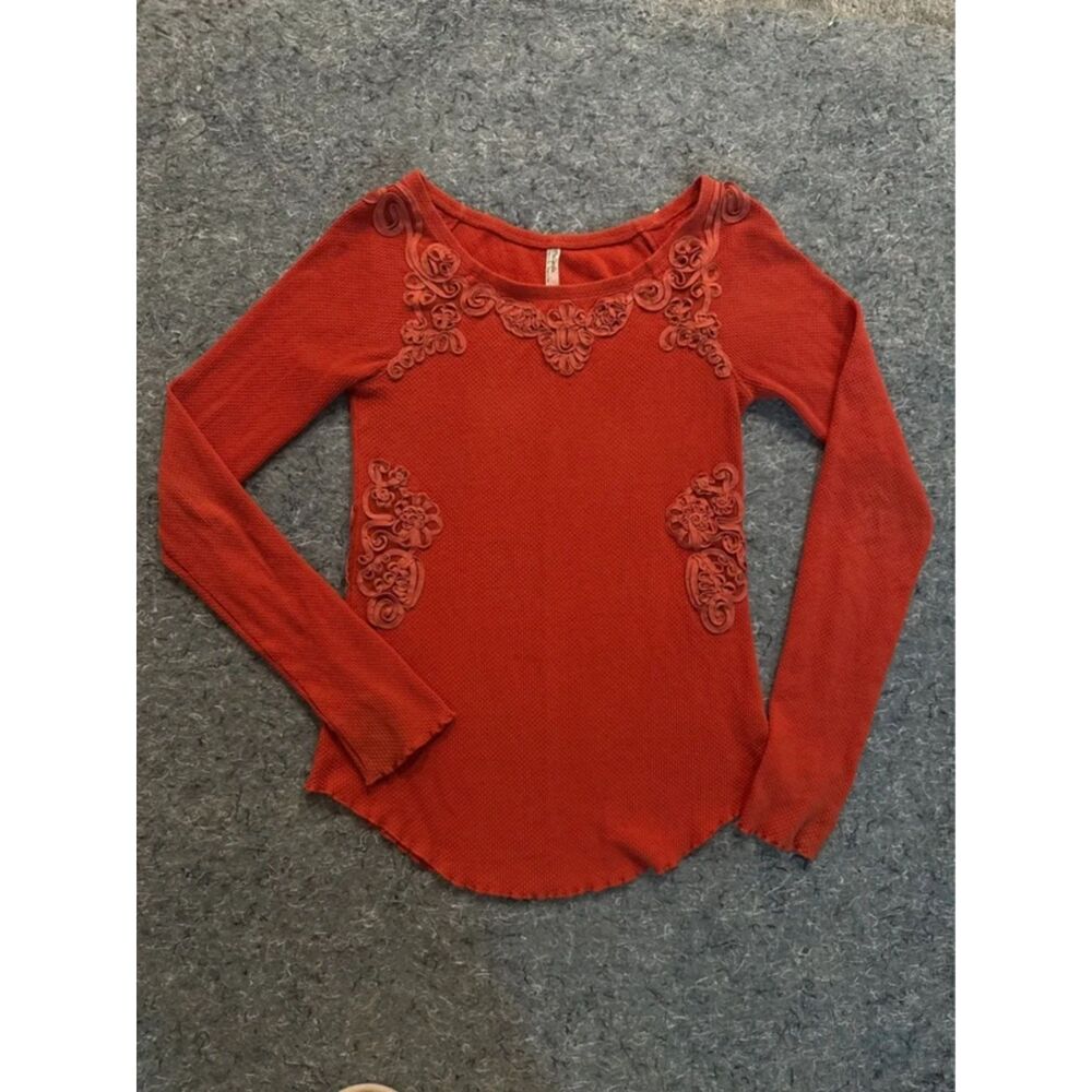 Free People Burnt Orange Ribbon Soutache Thermal Top - Medium
